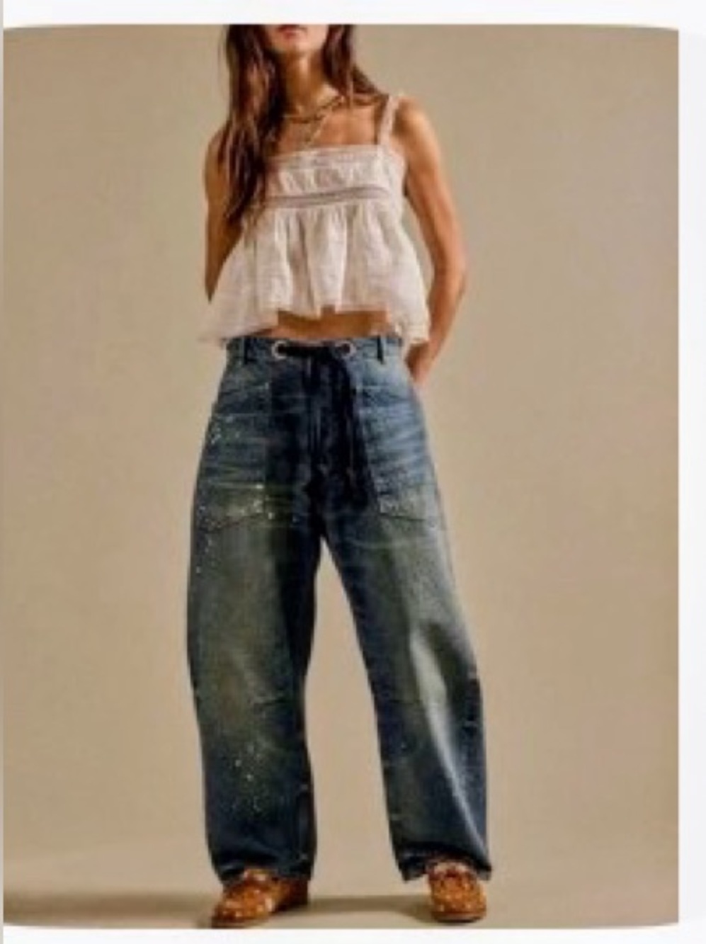 We The Free Blue Paint-Splatter Wide-Leg Barrel Jeans in Timeless Blue - Picture 1 of 9